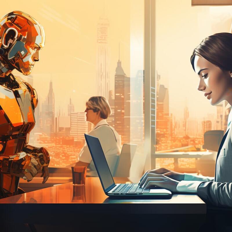 Een robot en een vrouw die zich voor een laptop bevinden