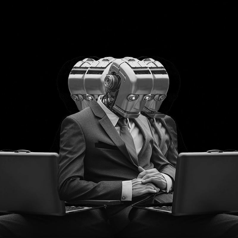 Een robot die voor meerdere laptops zit