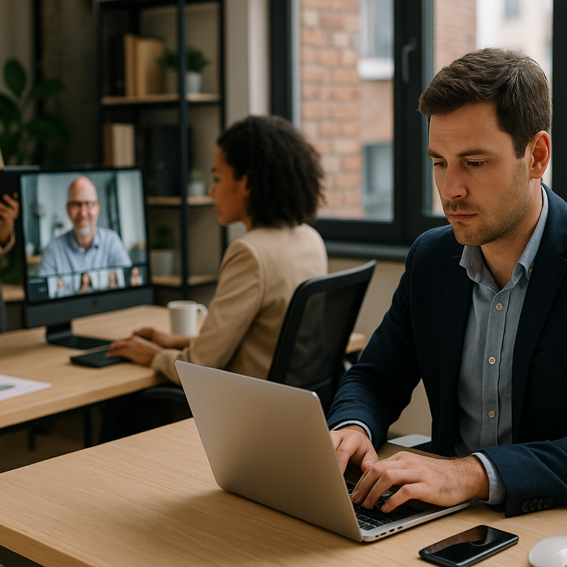 Een groep mensen die aan een tafel zitten met een laptop