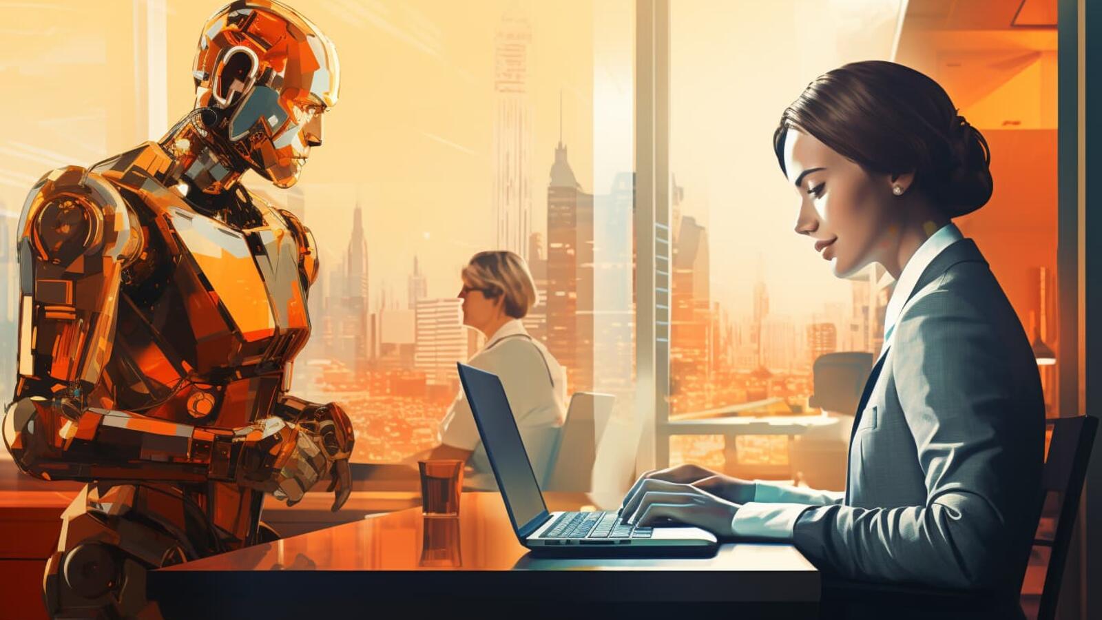 Een robot en een vrouw die zich voor een laptop bevinden