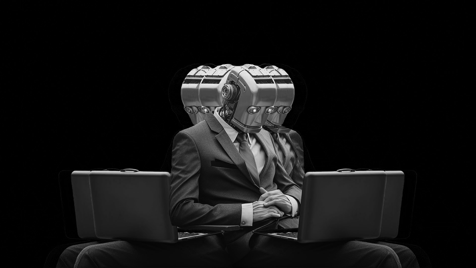 Een robot die voor meerdere laptops zit