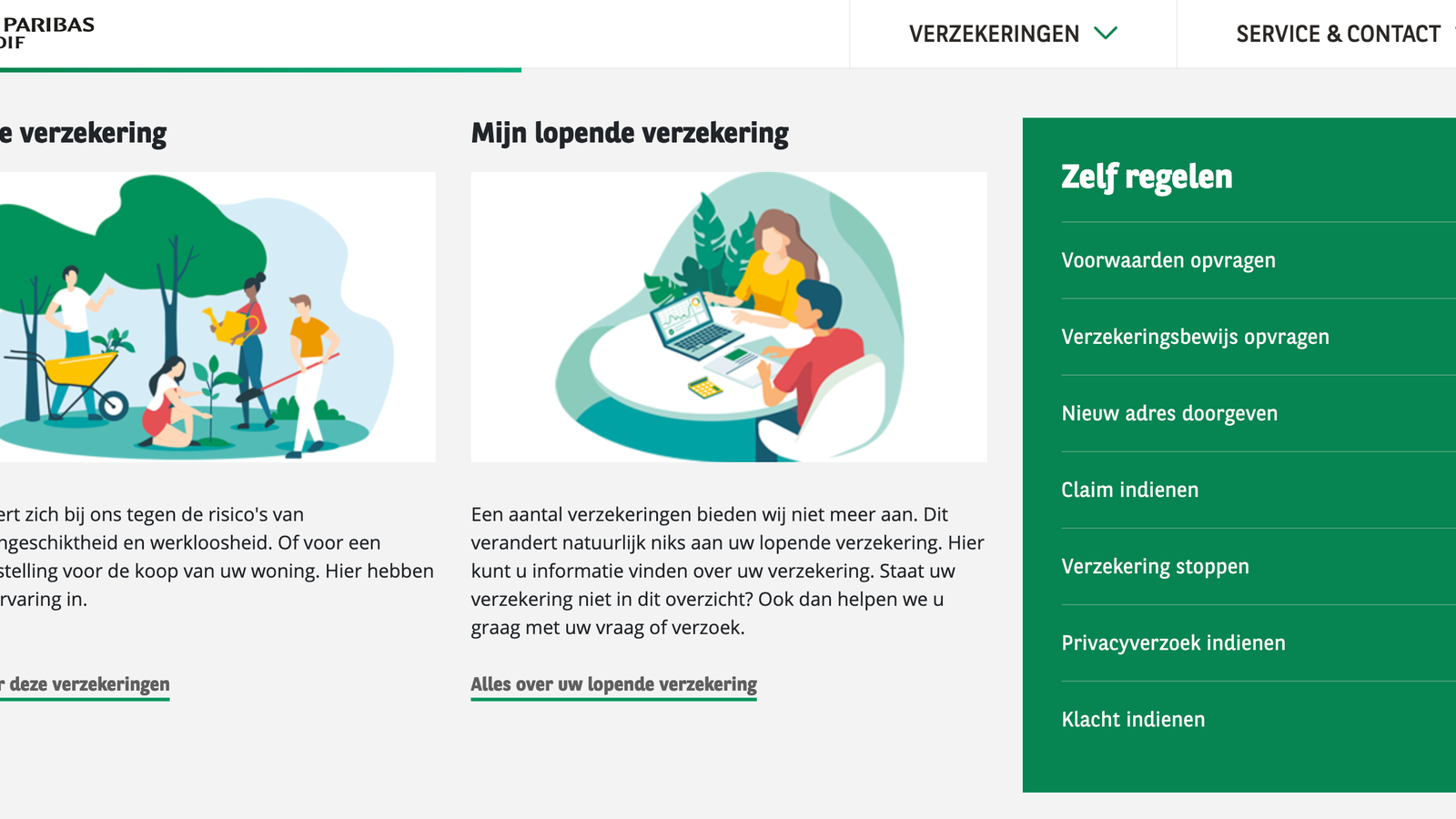 Deel van website met zelf service elementen