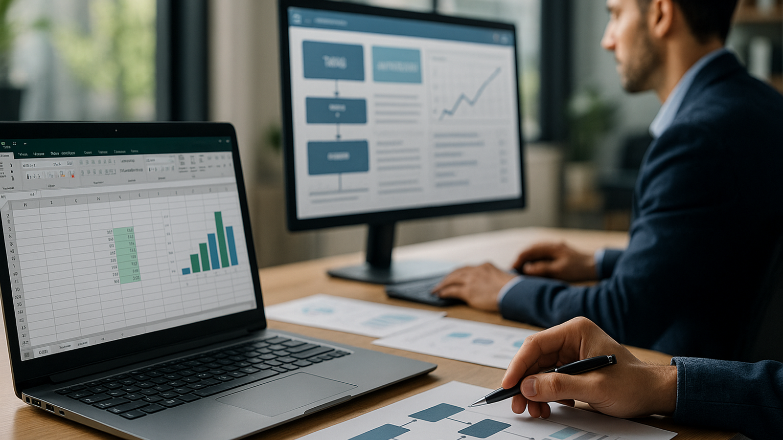 een persoon die aan een tafel zit met behulp van een laptop