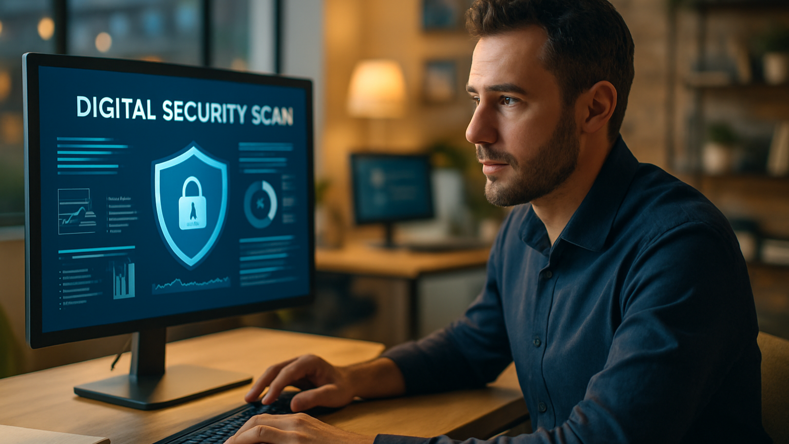 Een man die aan een bureau zit en een laptop gebruikt