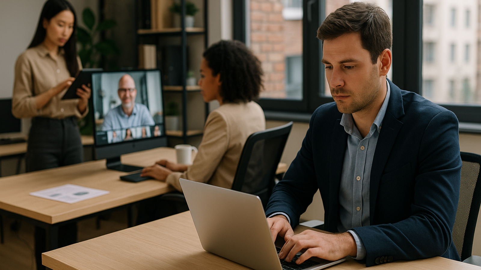 Een groep mensen die aan een tafel zitten met een laptop