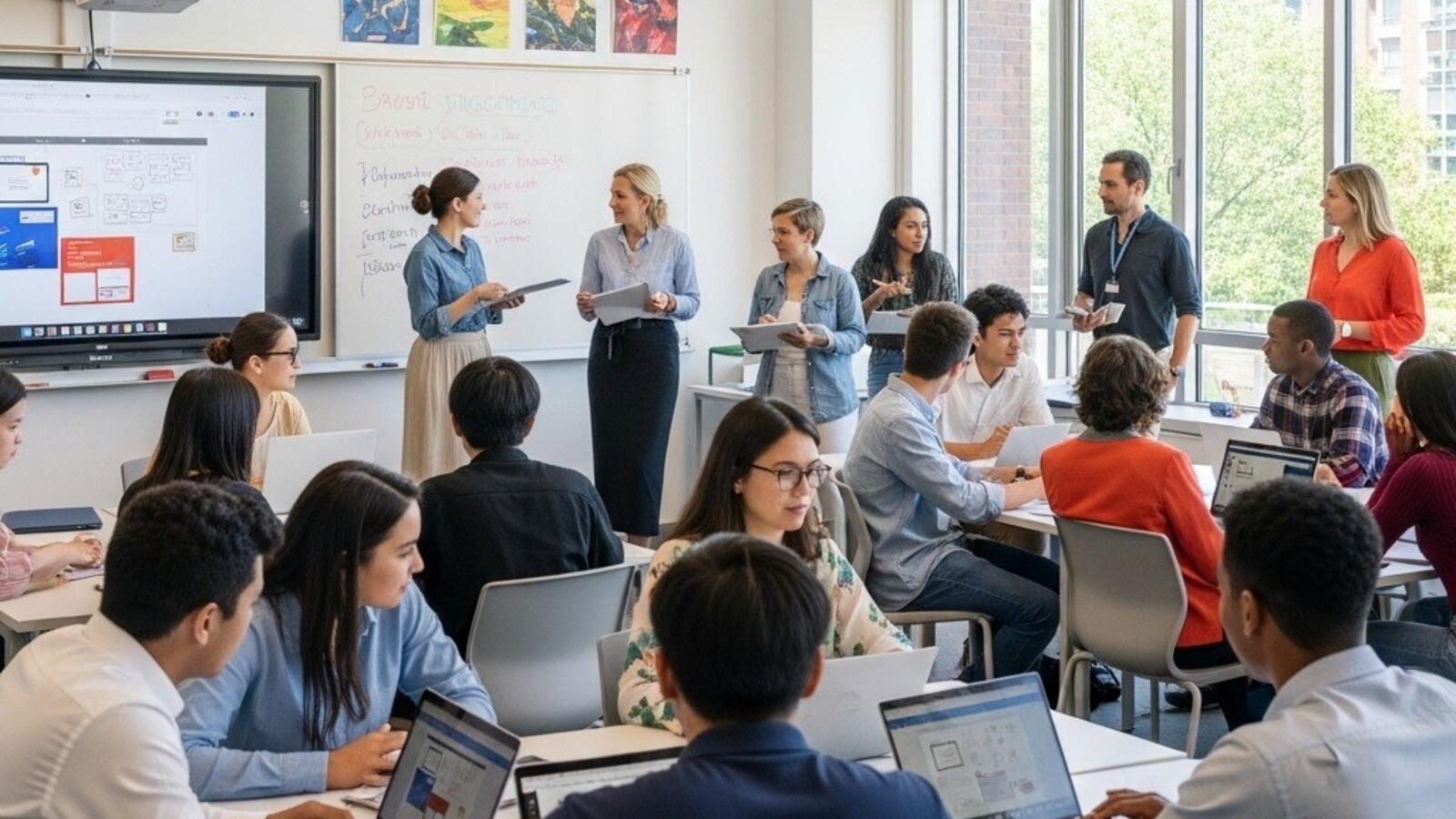 een groep mensen die in een klaslokaal zijn